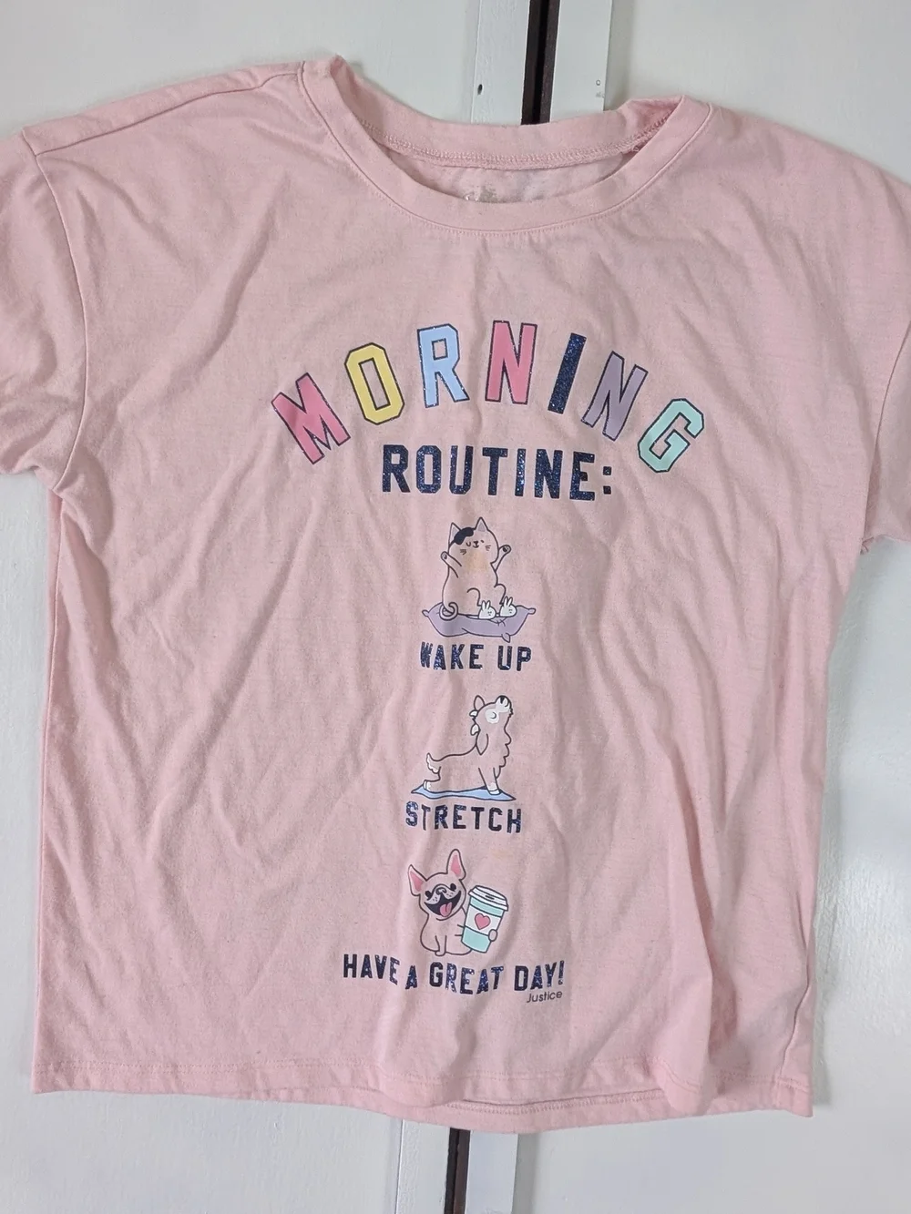 Justice Pink 'Morning Routine' Graphic Tee with Pastel Letters